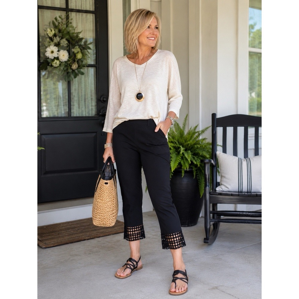 Chicos Black Boutique‎ Crop Pants Crochet Lace Hem Chic Petite 2P